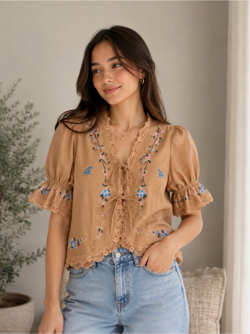 Embroidered Tie-Front Top